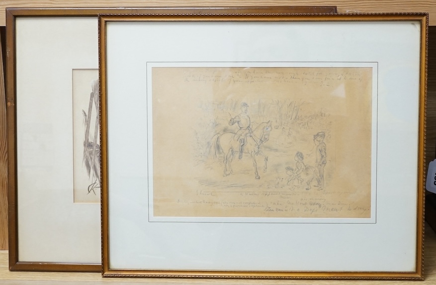 Two 19th century cartoons, to include a monochrome inksketch, 'The Cunning Exhibitions', gallery label verso and a pencil study 'A hunting appointment', 19 x 27cm. Condition - fair